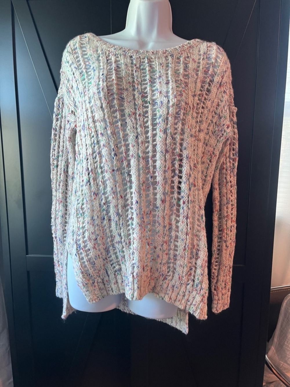 Women's Open-Knit Scoop Neck Sweater in Cream with Multicolor Flecks American Ea